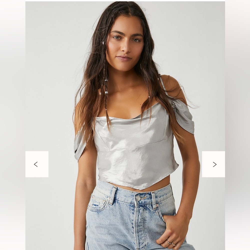 Free People Silver Satin Off-the-Shoulder Top